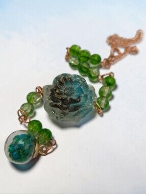 Handmade Green & Blue Floral Pendant Car Charm Rearview Mirror Hanging Decor